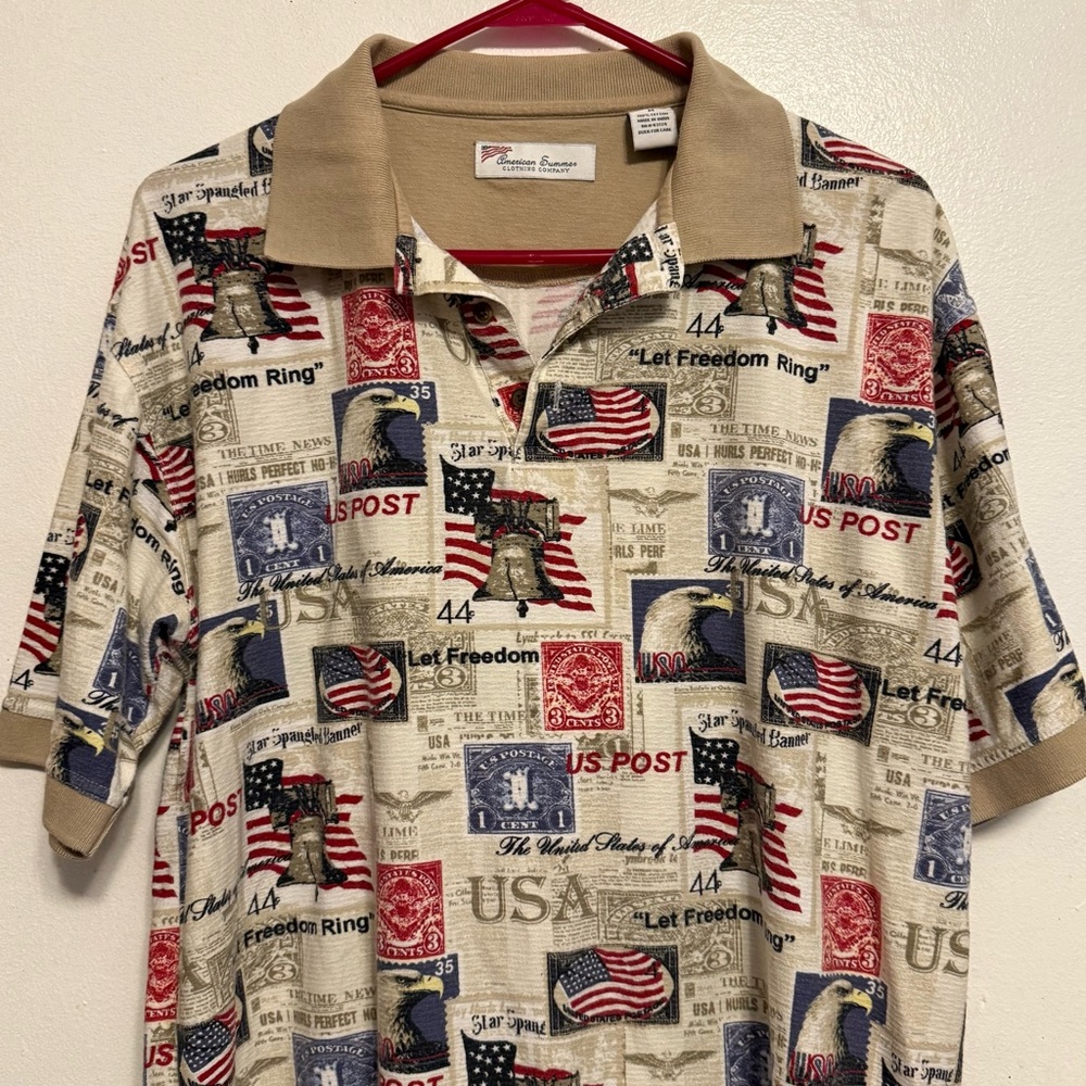 Patriotic Print Men's Polo Shirt Size Medium‎ American Summer Collared